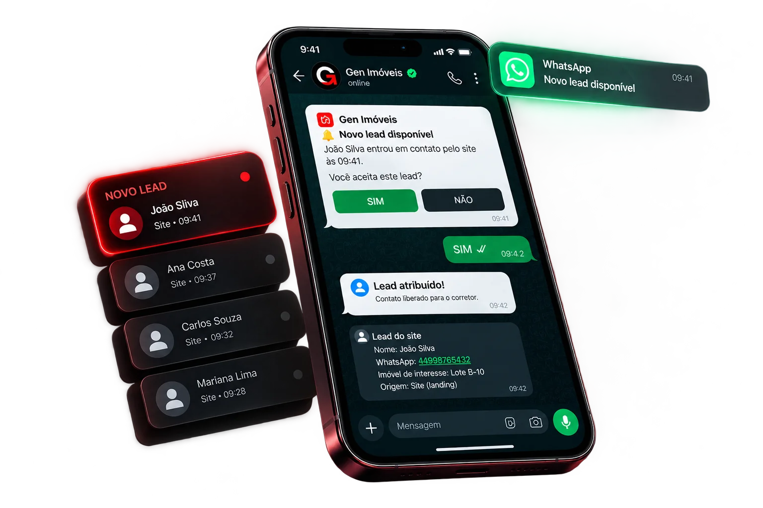 Gen Imóveis oferecendo automaticamente o lead ao corretor da vez pelo WhatsApp