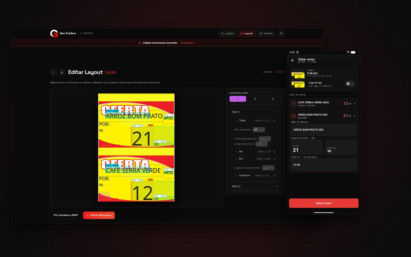 Editor de layout do Gen Folders com o cartaz de oferta montado