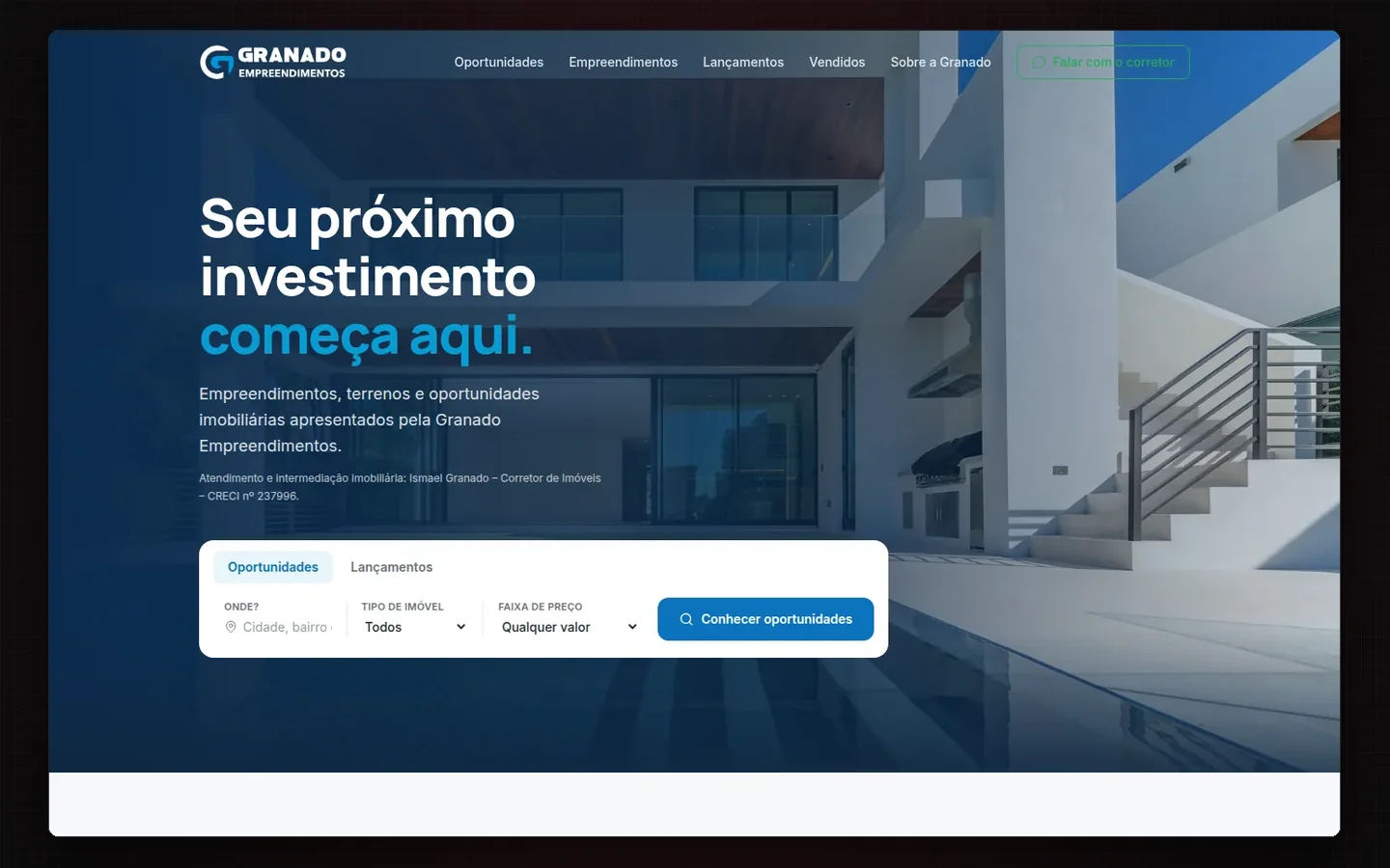 Página inicial do site da Granado Empreendimentos