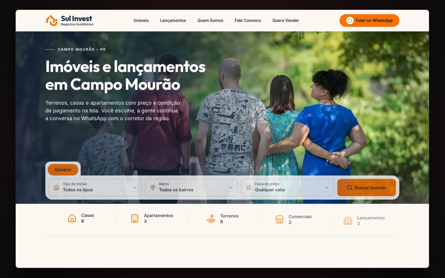 Página inicial do site da Sul Invest, com a busca de imóveis em Campo Mourão